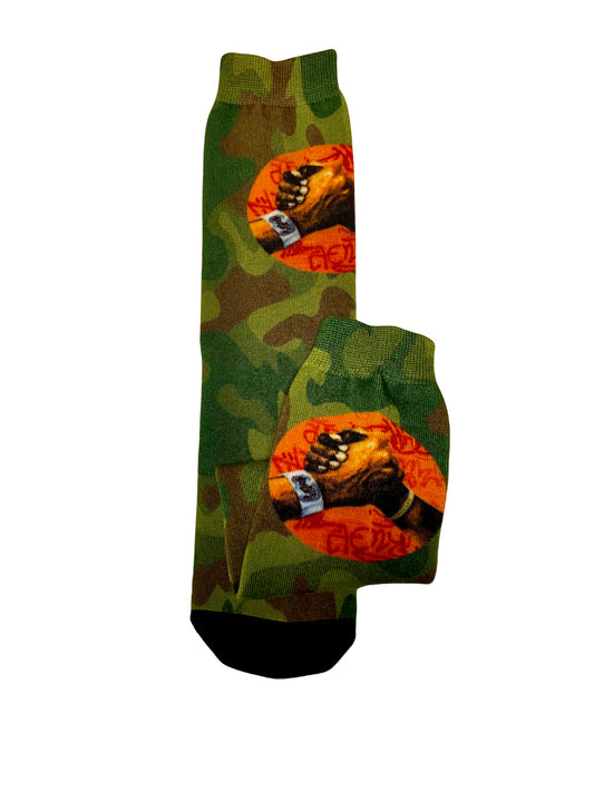 SOUL DAP CAMO STREETWEAR UNDER CALF SOCKS Mid Weight, brown/green camouflage mix.  With Soul Legacy’s original Soul Dap logo in-print on each side of sock .  Great statement piece!  NOTE: Photo images may slightly differ in color from actual product 